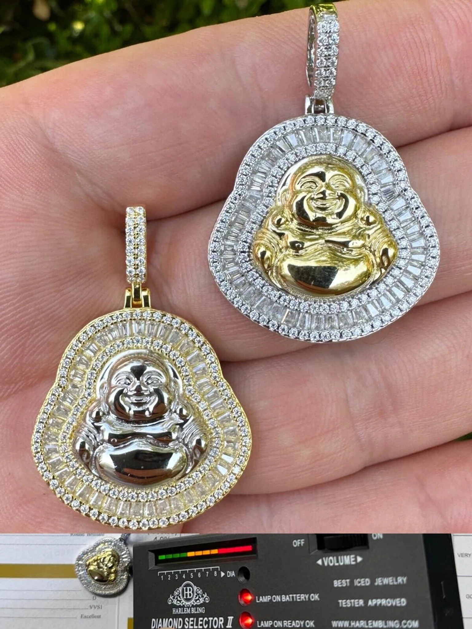 Buddha Pendant Real Moissanite Solid 925 Silver / 14k Gold Plated Iced Necklace 3 Buddha Pendant Real Moissanite Solid 925 Silver / 14k Gold Plated Iced Necklace