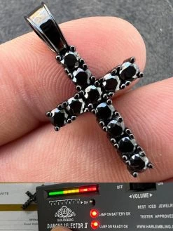 1" Black MOISSANITE Real 925 Silver Iced Cross Pendant Passes Diamond Tester