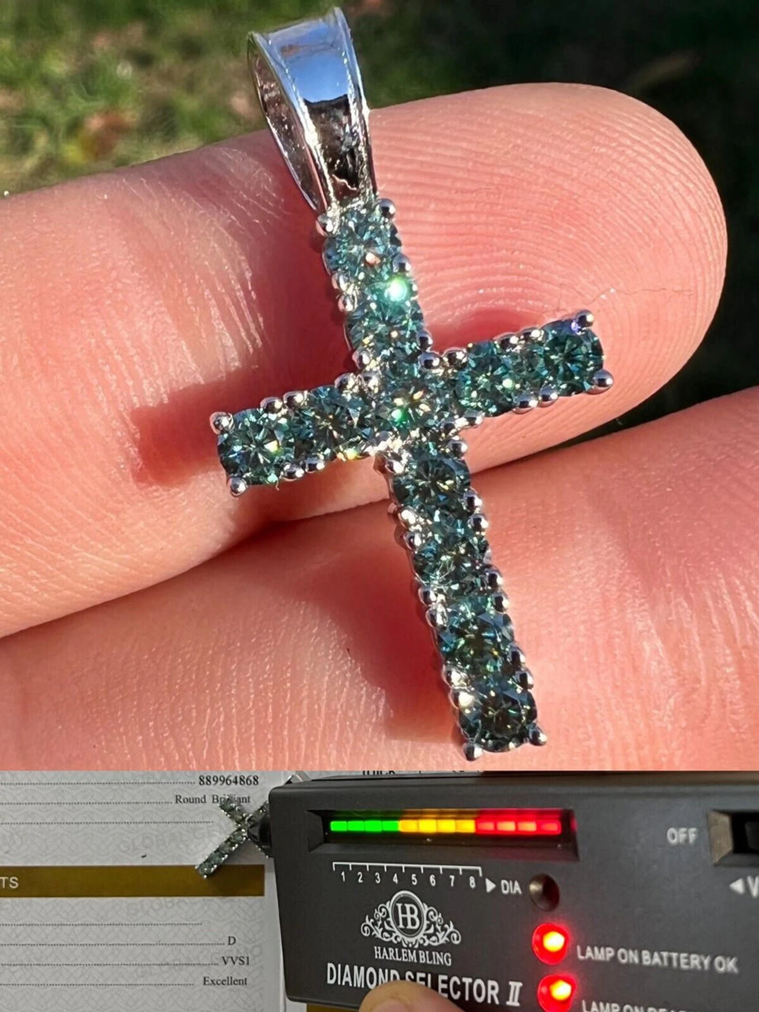 1" Blue Green MOISSANITE Real 925 Silver Iced Cross Pendant Diamond Tester ✅ 3 1" Blue Green MOISSANITE Real 925 Silver Iced Cross Pendant Diamond Tester ✅