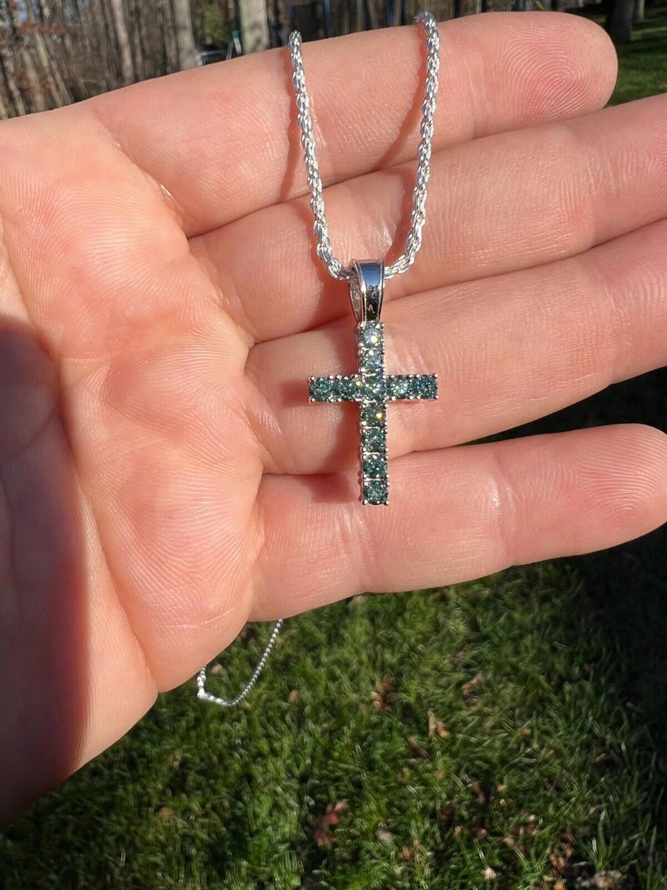 1" Blue Green MOISSANITE Real 925 Silver Iced Cross Pendant Diamond Tester ✅ 15 1" Blue Green MOISSANITE Real 925 Silver Iced Cross Pendant Diamond Tester ✅ - Image 13