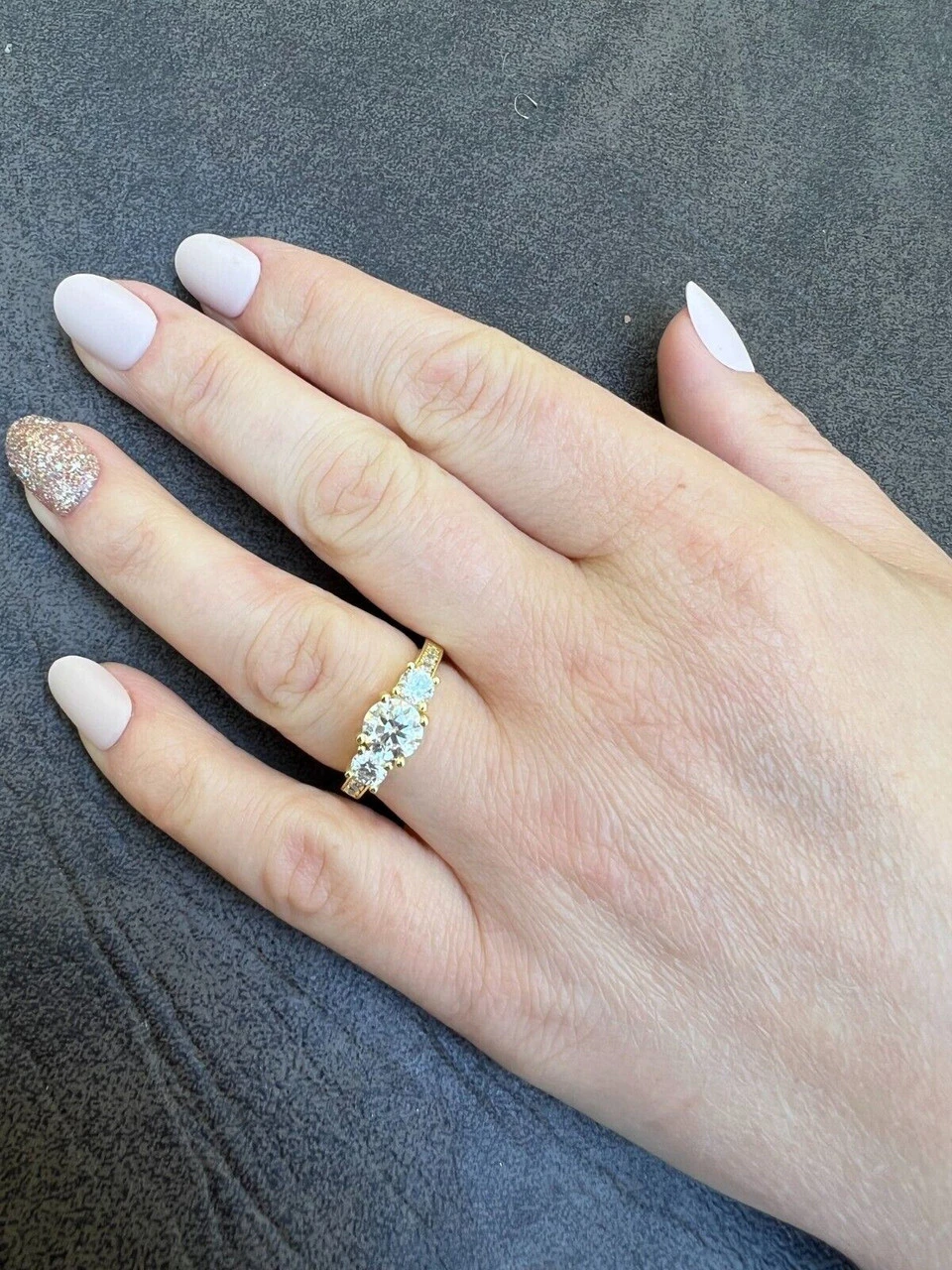 1.7ct Moissanite Promise Engagement Ring 14k Gold Plated 925 Silver Three Stone 5 1.7ct Moissanite Promise Engagement Ring 14k Gold Plated 925 Silver Three Stone - Image 3