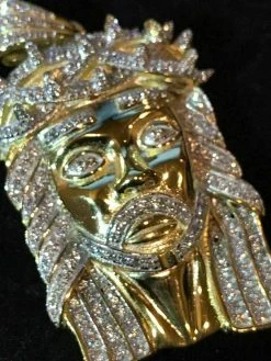 14k Gold Finish .925 Silver 2.3ct Simulated Diamond Jesus Piece Pendant 1"x2" -Harlem Bling Shop harlembling 14k gold finish .925 silver 2.3ct simulated diamond jesus piece pendant 1x2 61708.1664397091