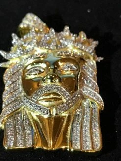14k Gold Finish .925 Silver 2.3ct Simulated Diamond Jesus Piece Pendant 1"x2" -Harlem Bling Shop harlembling 14k gold finish .925 silver 2.3ct simulated diamond jesus piece pendant 1x2 63048.1664389085