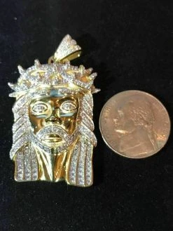 14k Gold Finish .925 Silver 2.3ct Simulated Diamond Jesus Piece Pendant 1"x2" -Harlem Bling Shop harlembling 14k gold finish .925 silver 2.3ct simulated diamond jesus piece pendant 1x2 91271.1664373508