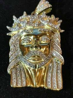 14k Gold Finish .925 Silver 2.3ct Simulated Diamond Jesus Piece Pendant 1"x2"