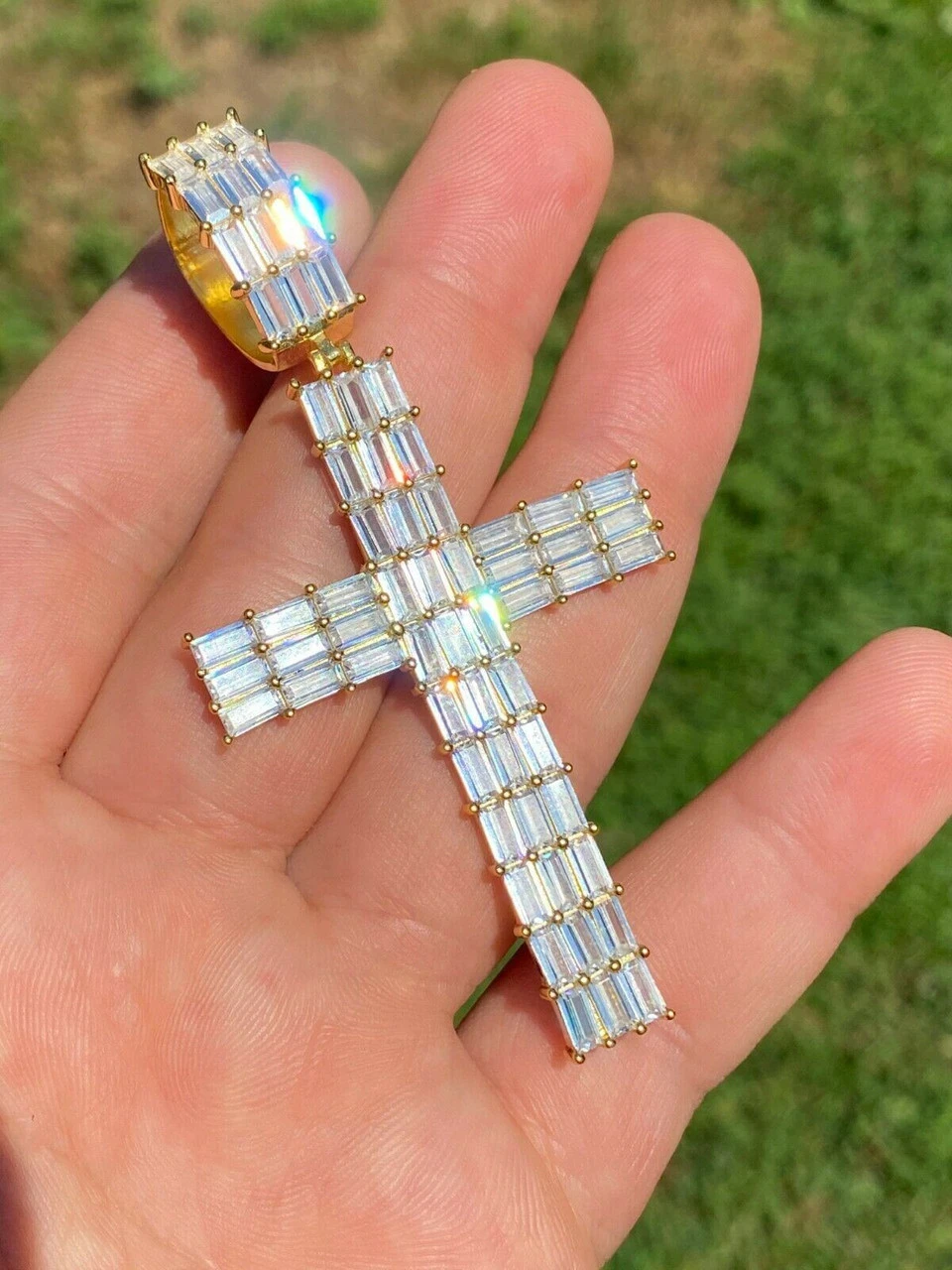 14k Gold Over 925 Sterling Silver Cross Pendant Baguette Iced Diamond Necklace 5 14k Gold Over 925 Sterling Silver Cross Pendant Baguette Iced Diamond Necklace - Image 3
