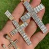 14k Gold Over 925 Sterling Silver Cross Pendant Baguette Iced Diamond Necklace