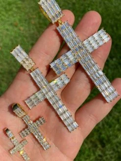 14k Gold Over 925 Sterling Silver Cross Pendant Baguette Iced Diamond Necklace