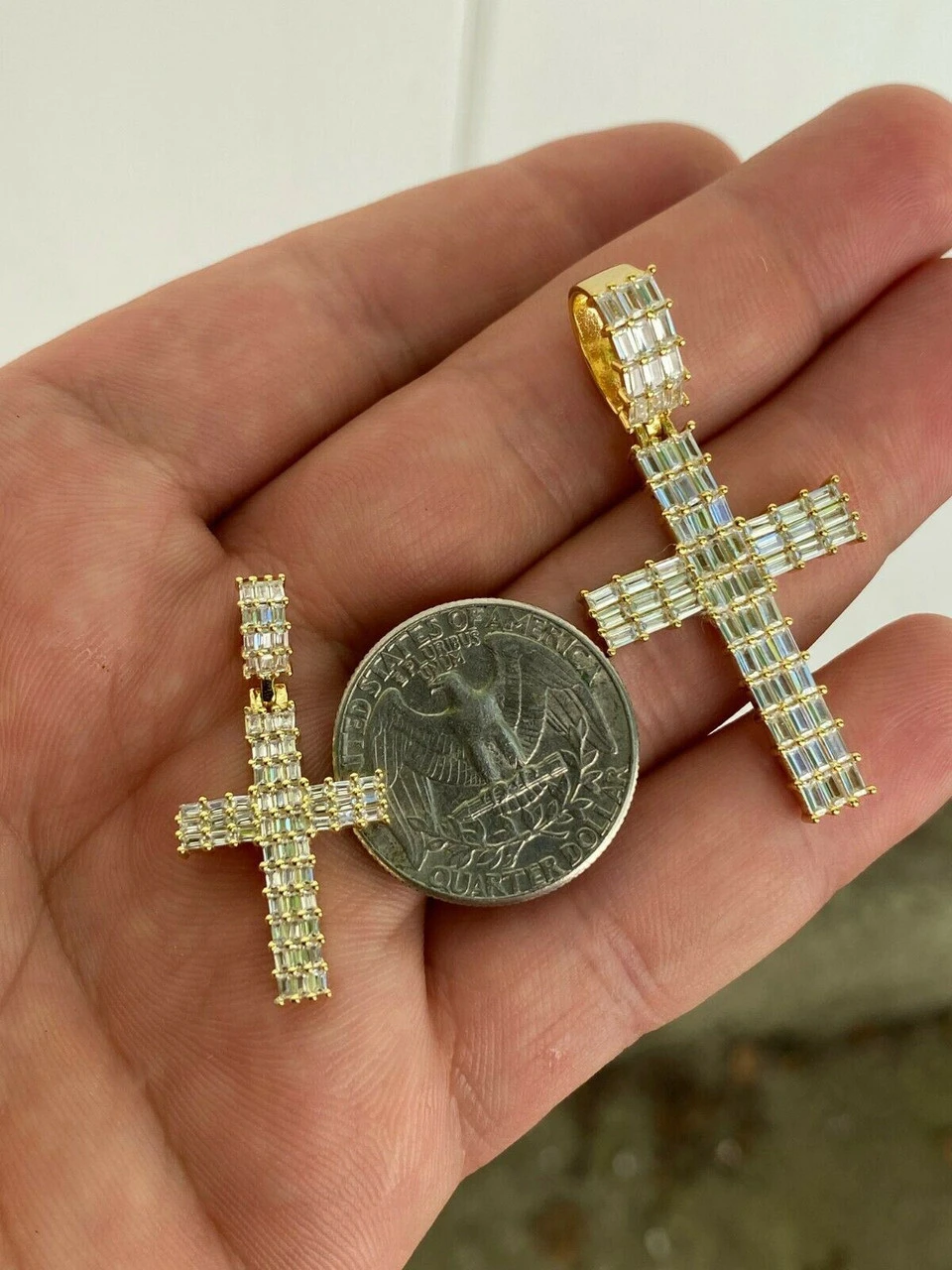 14k Gold Over 925 Sterling Silver Cross Pendant Baguette Iced Diamond Necklace 11 14k Gold Over 925 Sterling Silver Cross Pendant Baguette Iced Diamond Necklace - Image 9