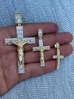 14k Gold Over 925 Sterling Silver Cross W. Jesus Pendant Baguette Iced Diamond 16 14k Gold Over 925 Sterling Silver Cross W. Jesus Pendant Baguette Iced Diamond -Harlem Bling Shop harlembling 14k gold over 925 sterling silver cross w jesus pendant baguette iced diamond 30458.1664376586