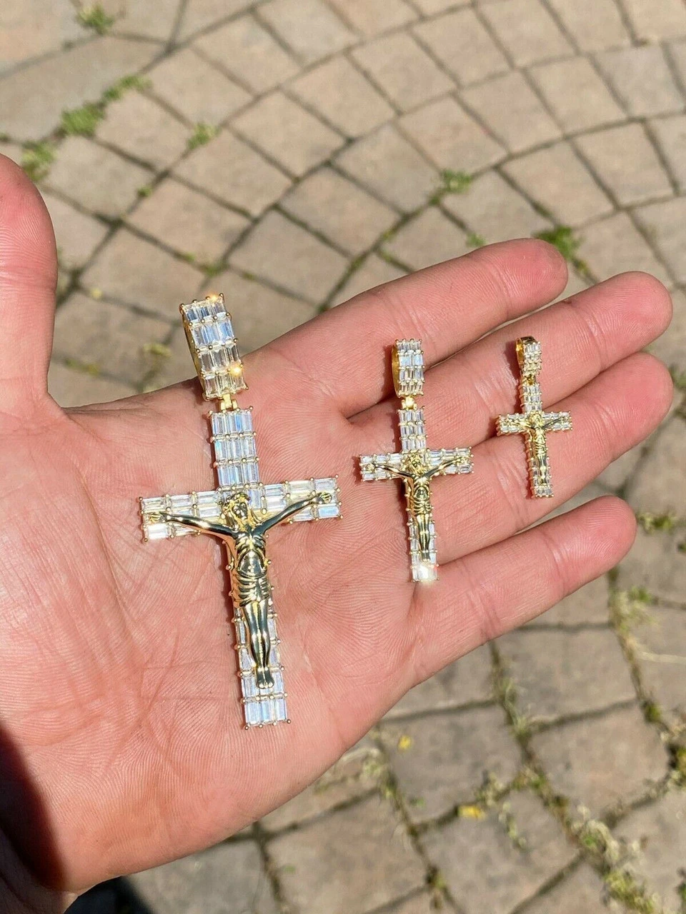 14k Gold Over 925 Sterling Silver Cross W. Jesus Pendant Baguette Iced Diamond 7 14k Gold Over 925 Sterling Silver Cross W. Jesus Pendant Baguette Iced Diamond - Image 6