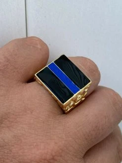 14k Gold Over REAL Solid 925 Silver Ring Blue Lives Matter Thin Blue Line Police
