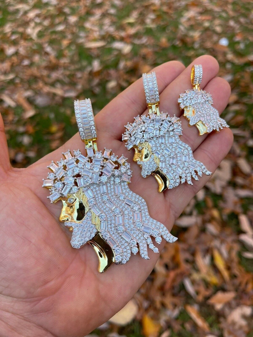 14k Gold Over Silver Iced Hip Hop Jesus Pendant Iced Baguette Diamond Necklace 4 14k Gold Over Silver Iced Hip Hop Jesus Pendant Iced Baguette Diamond Necklace - Image 2