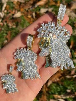 14k Gold Over Silver Iced Hip Hop Jesus Pendant Iced Baguette Diamond Necklace