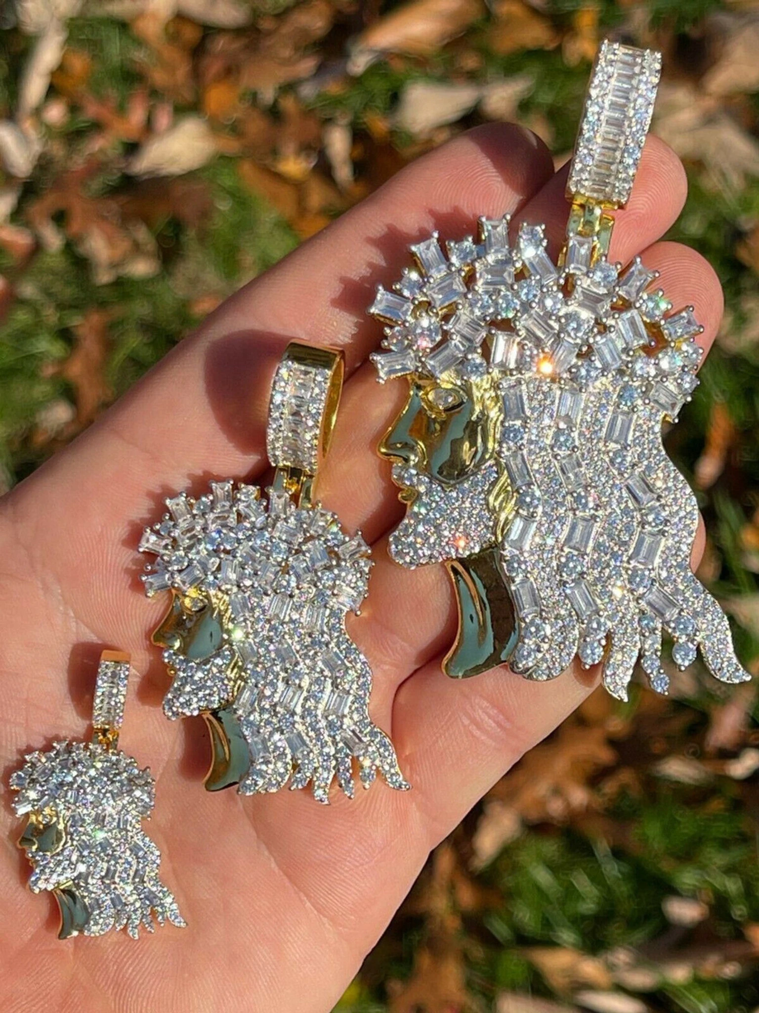 14k Gold Over Silver Iced Hip Hop Jesus Pendant Iced Baguette Diamond Necklace 3 14k Gold Over Silver Iced Hip Hop Jesus Pendant Iced Baguette Diamond Necklace