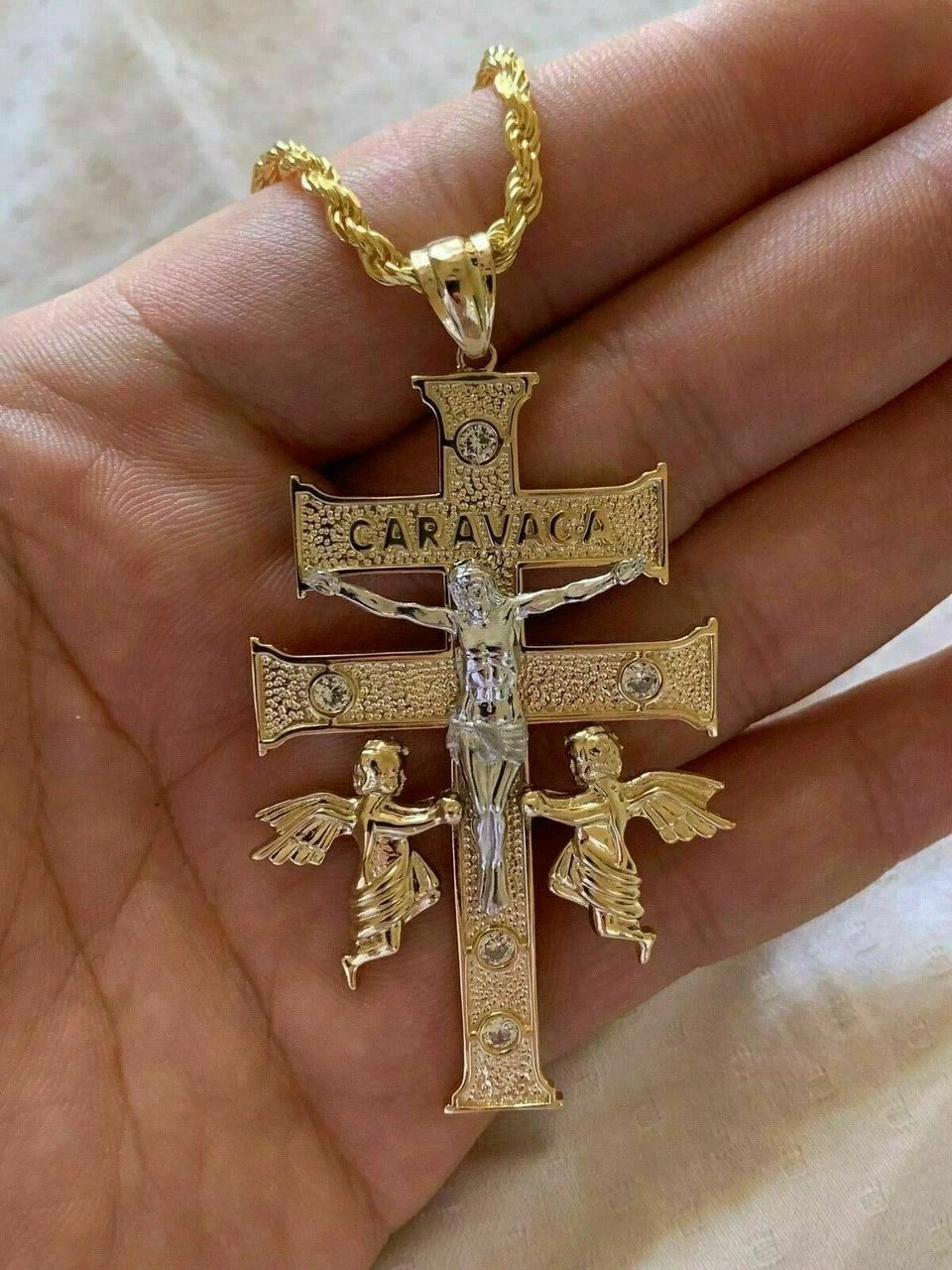 14k Gold Over Solid 925 Silver Caravaca Cross Double Crucifix For Men LARGE 2.5" 10 14k Gold Over Solid 925 Silver Caravaca Cross Double Crucifix For Men LARGE 2.5" - Image 8