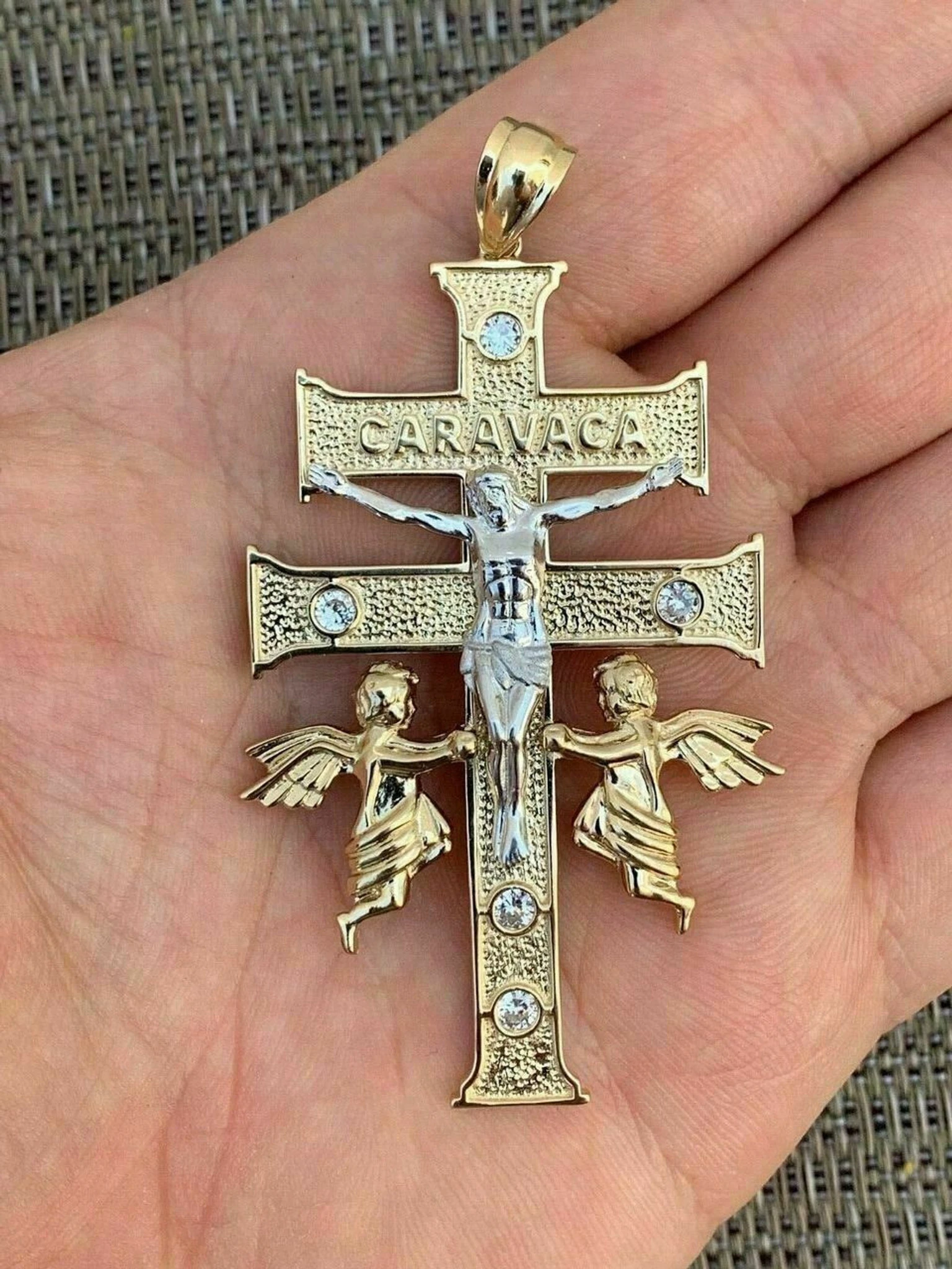 14k Gold Over Solid 925 Silver Caravaca Cross Double Crucifix For Men LARGE 2.5" 3 14k Gold Over Solid 925 Silver Caravaca Cross Double Crucifix For Men LARGE 2.5"
