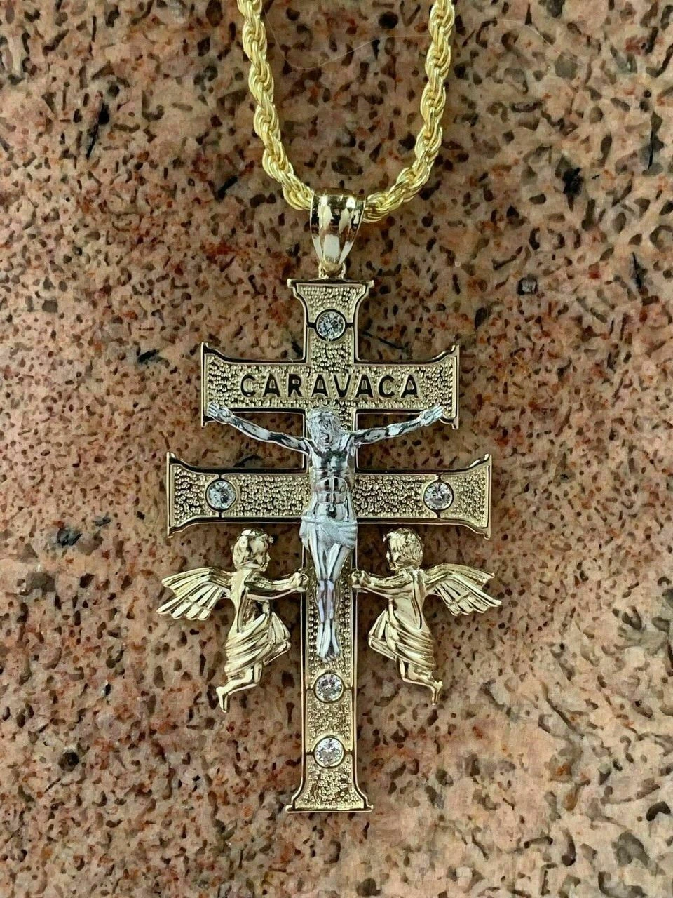14k Gold Over Solid 925 Silver Caravaca Cross Double Crucifix For Men LARGE 2.5" 5 14k Gold Over Solid 925 Silver Caravaca Cross Double Crucifix For Men LARGE 2.5" - Image 3