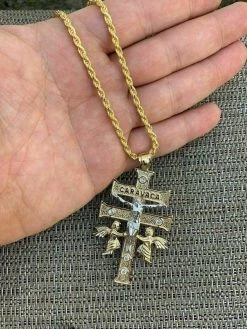 14k Gold Over Solid 925 Silver Caravaca Cross Double Crucifix For Men LARGE 2.5" 23 14k Gold Over Solid 925 Silver Caravaca Cross Double Crucifix For Men LARGE 2.5" -Harlem Bling Shop harlembling 14k gold over solid 925 silver caravaca cross double crucifix for men large 2.5 97352.1664372416