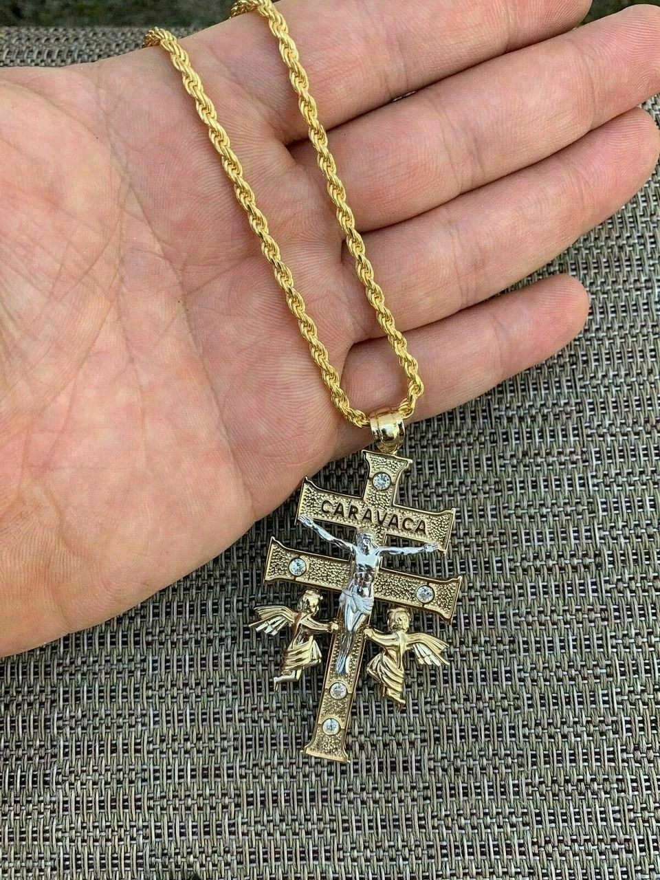 14k Gold Over Solid 925 Silver Caravaca Cross Double Crucifix For Men LARGE 2.5" 12 14k Gold Over Solid 925 Silver Caravaca Cross Double Crucifix For Men LARGE 2.5" - Image 10