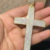 14k Gold Over Solid 925 Silver Mens Large Cross 5ct Diamonds 3.25” BIG Hip Hop