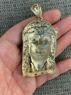 14k Gold Over Solid 925 Sterling Silver Jesus Piece Necklace Large 2.5" ITALY -Harlem Bling Shop harlembling 14k gold over solid 925 sterling silver jesus piece necklace large 2.5 italy 08668.1664387074
