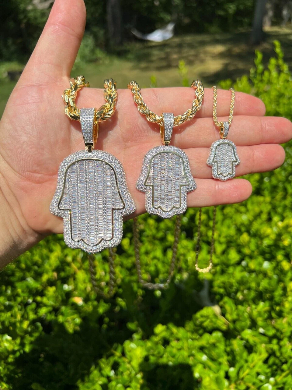 14k Gold Plated 925 Silver Hand Hamsa Iced Baguette CZ Hip Hop Pendant Necklace 4 14k Gold Plated 925 Silver Hand Hamsa Iced Baguette CZ Hip Hop Pendant Necklace - Image 2