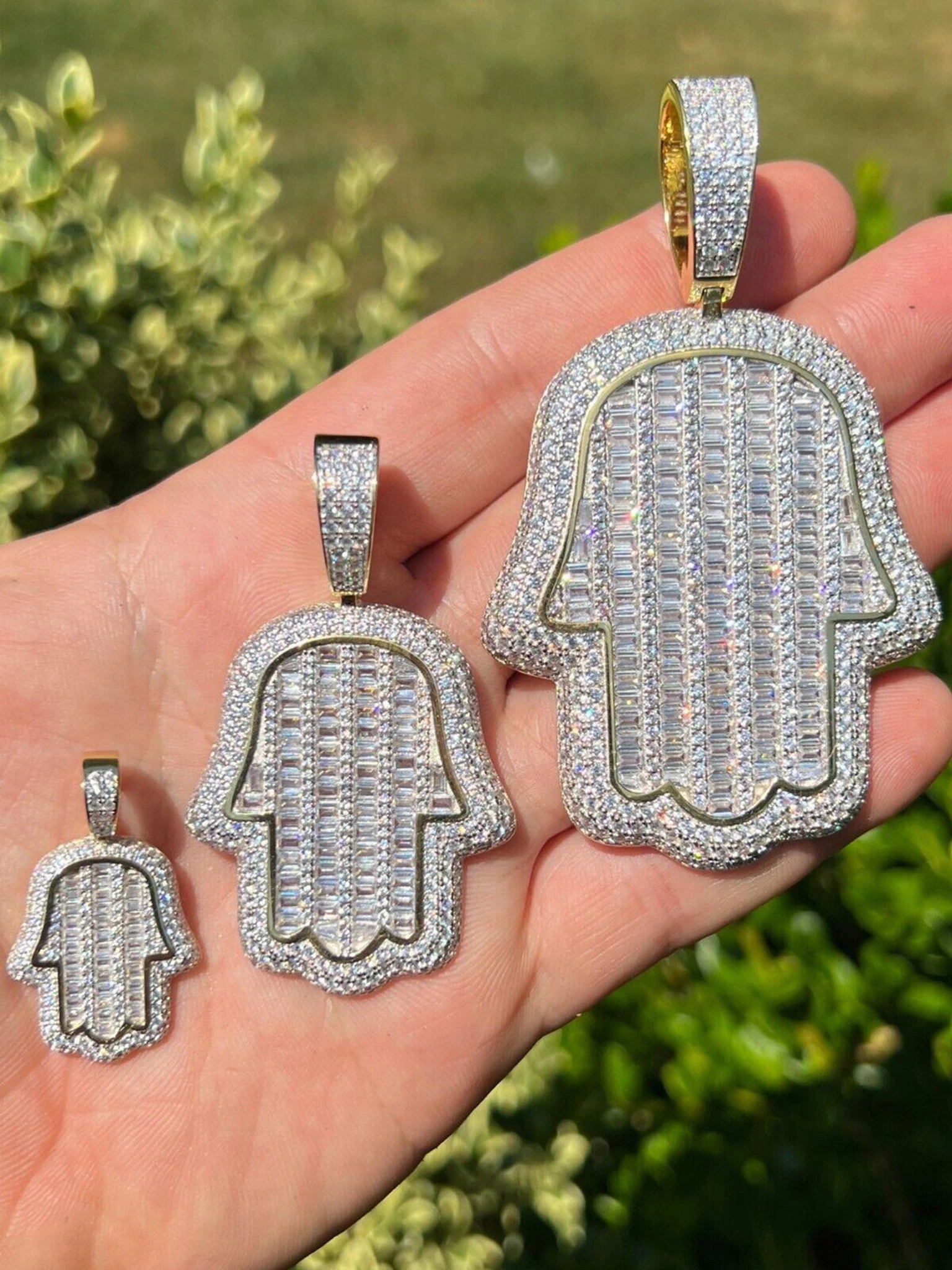 14k Gold Plated 925 Silver Hand Hamsa Iced Baguette CZ Hip Hop Pendant Necklace 3 14k Gold Plated 925 Silver Hand Hamsa Iced Baguette CZ Hip Hop Pendant Necklace