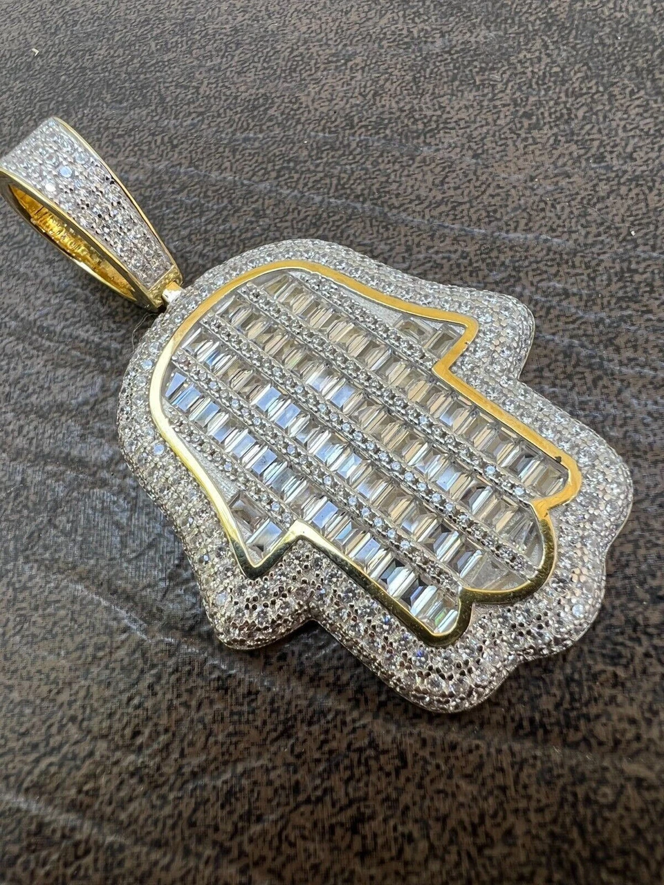 14k Gold Plated 925 Silver Hand Hamsa Iced Baguette CZ Hip Hop Pendant Necklace 9 14k Gold Plated 925 Silver Hand Hamsa Iced Baguette CZ Hip Hop Pendant Necklace - Image 7