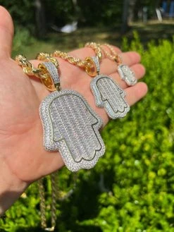 14k Gold Plated 925 Silver Hand Hamsa Iced Baguette CZ Hip Hop Pendant Necklace 16 14k Gold Plated 925 Silver Hand Hamsa Iced Baguette CZ Hip Hop Pendant Necklace -Harlem Bling Shop harlembling 14k gold plated 925 silver hand hamsa iced baguette cz hip hop pendant necklace 95190.1664300638