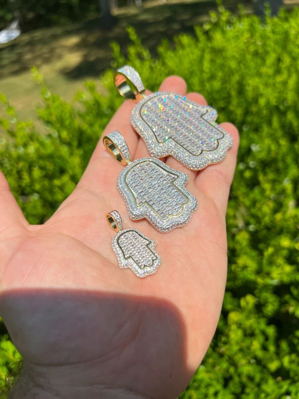 14k Gold Plated 925 Silver Hand Hamsa Iced Baguette CZ Hip Hop Pendant Necklace 7 14k Gold Plated 925 Silver Hand Hamsa Iced Baguette CZ Hip Hop Pendant Necklace - Image 5