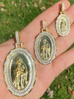 14k Gold Real 925 Sterling Silver Virgin Mary Necklace Pendant Iced Medallion