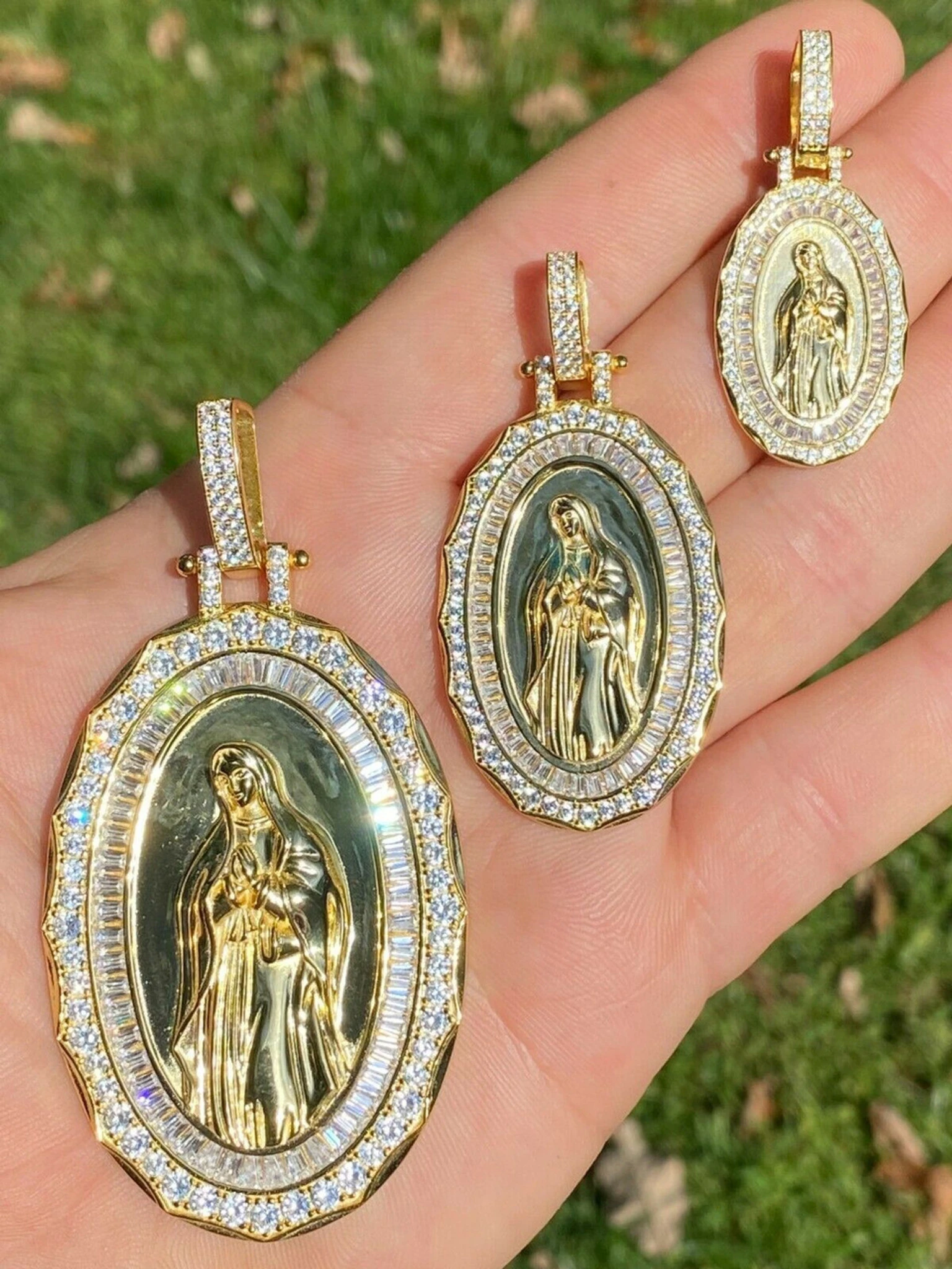 14k Gold Real 925 Sterling Silver Virgin Mary Necklace Pendant Iced Medallion 3 14k Gold Real 925 Sterling Silver Virgin Mary Necklace Pendant Iced Medallion