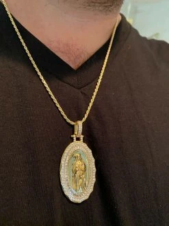 14k Gold Real 925 Sterling Silver Virgin Mary Necklace Pendant Iced Medallion 23 14k Gold Real 925 Sterling Silver Virgin Mary Necklace Pendant Iced Medallion -Harlem Bling Shop harlembling 14k gold real 925 sterling silver virgin mary necklace pendant iced medallion 27875.1665671560