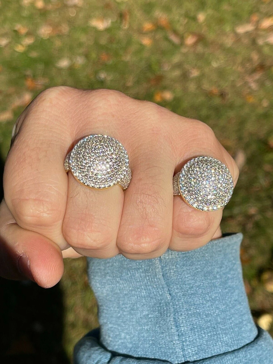 14k Gold Vermeil 925 Silver Round 3D Men's Diamond Pinky Ring Iced Bling Jewelry 4 14k Gold Vermeil 925 Silver Round 3D Men's Diamond Pinky Ring Iced Bling Jewelry - Image 2