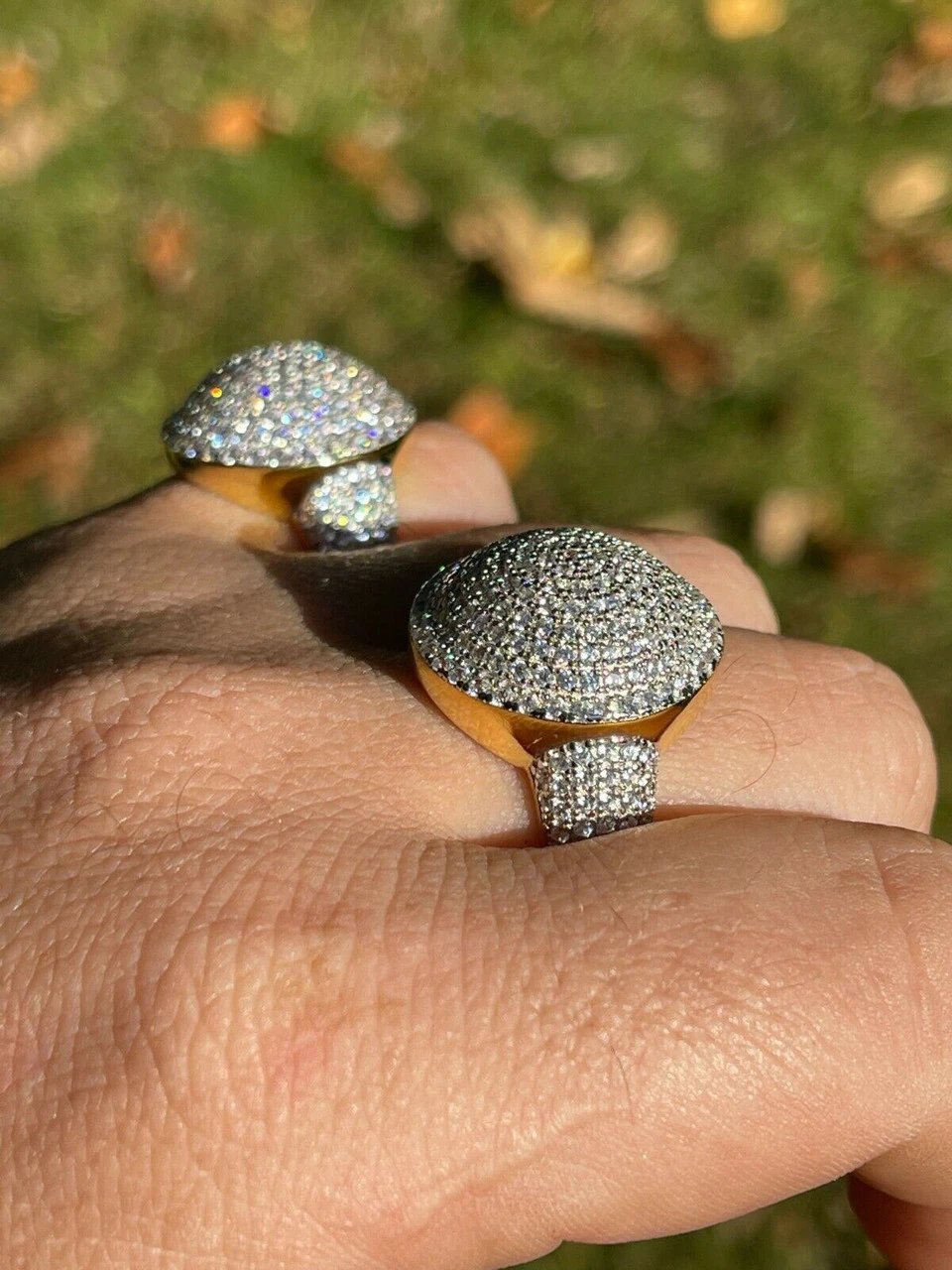 14k Gold Vermeil 925 Silver Round 3D Men's Diamond Pinky Ring Iced Bling Jewelry 5 14k Gold Vermeil 925 Silver Round 3D Men's Diamond Pinky Ring Iced Bling Jewelry - Image 3