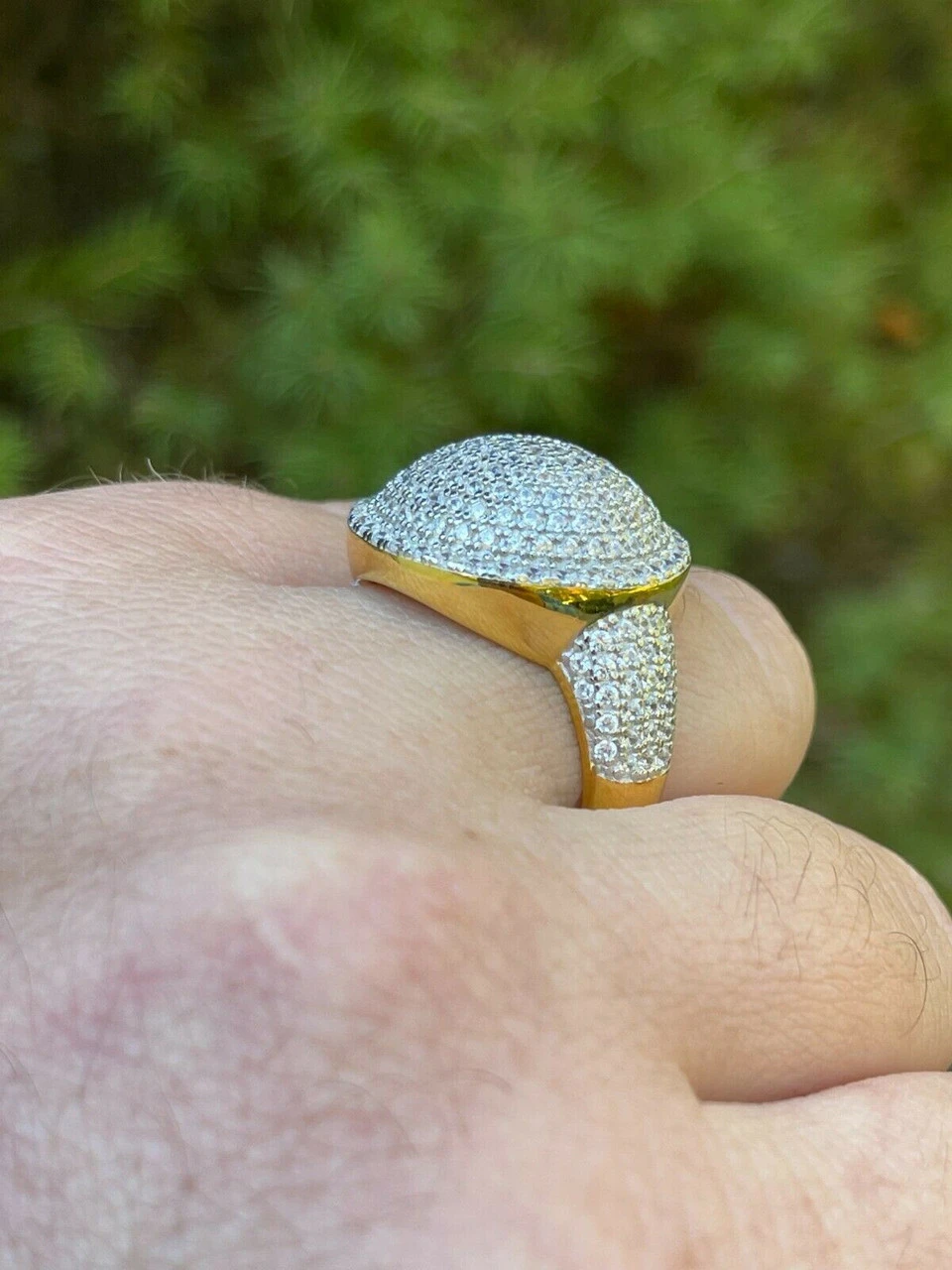 14k Gold Vermeil 925 Silver Round 3D Men's Diamond Pinky Ring Iced Bling Jewelry 7 14k Gold Vermeil 925 Silver Round 3D Men's Diamond Pinky Ring Iced Bling Jewelry - Image 5