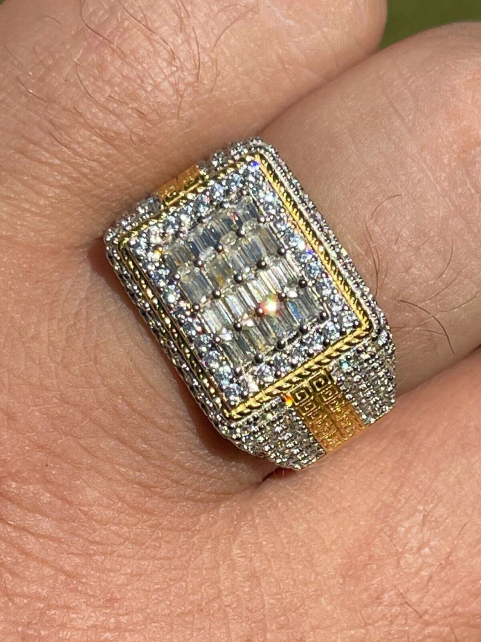 14k Gold Vermeil Real 925 Silver Ring Iced Baguette Diamond Hip Hop Size 6-13 3 14k Gold Vermeil Real 925 Silver Ring Iced Baguette Diamond Hip Hop Size 6-13