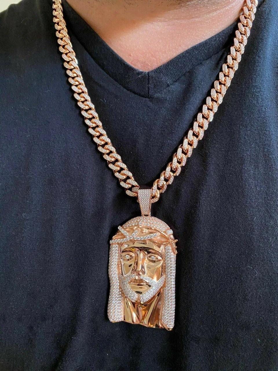 14k Rose Gold Over Real 925 Silver Hip Hop Jesus Piece Pendant Iced Men Necklace 11 14k Rose Gold Over Real 925 Silver Hip Hop Jesus Piece Pendant Iced Men Necklace - Image 9