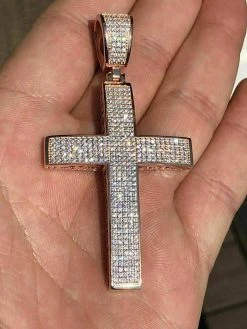 14k Rose Gold Over Solid 925 Silver Mens Large Cross 3ct Diamonds 2x1.5” Hip Hop