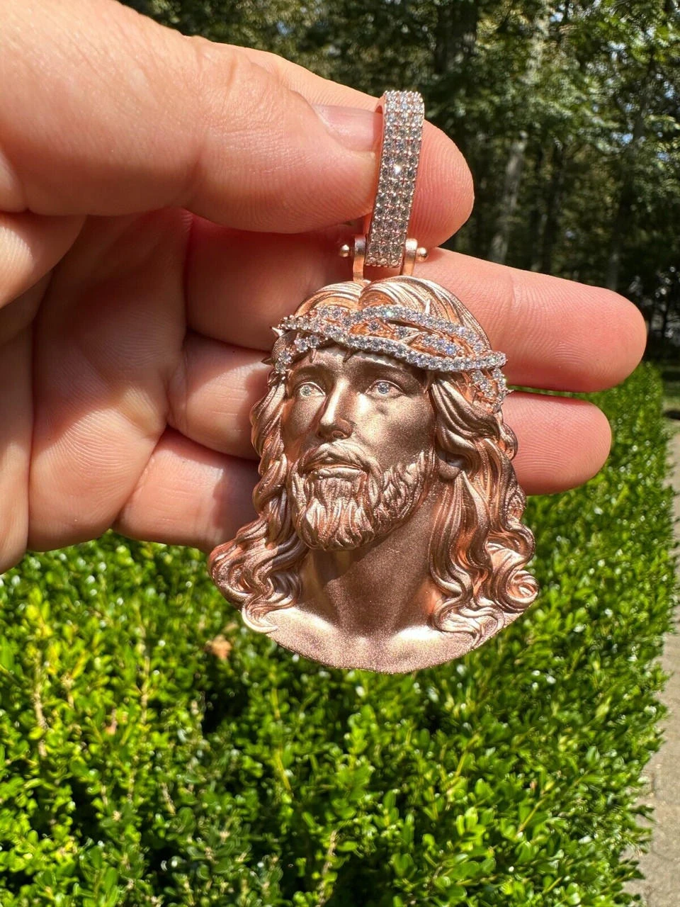 14k Rose Gold Over Solid 925 Silver MOISSANITE Jesus Piece Iced Pendant Necklace 4 14k Rose Gold Over Solid 925 Silver MOISSANITE Jesus Piece Iced Pendant Necklace - Image 2