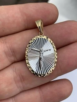 14k Yellow Gold & 925 Sterling Silver Jesus Medallion Pendant Diamond Cut ITALY