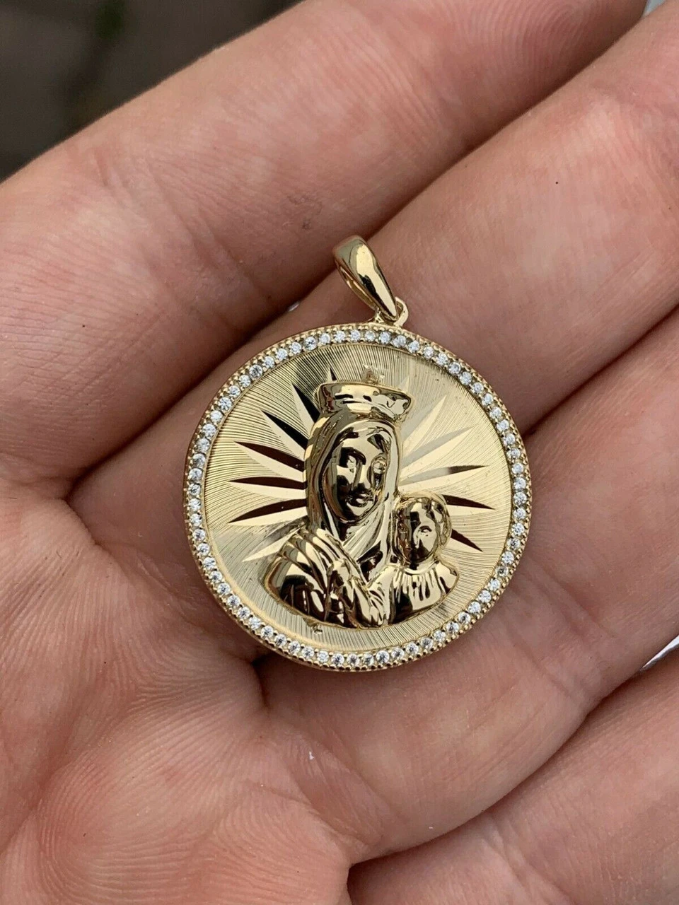 14k Yellow Gold Over 925 Silver Virgin Mary Baby Jesus Coin Medallion Pendant 4 14k Yellow Gold Over 925 Silver Virgin Mary Baby Jesus Coin Medallion Pendant - Image 2