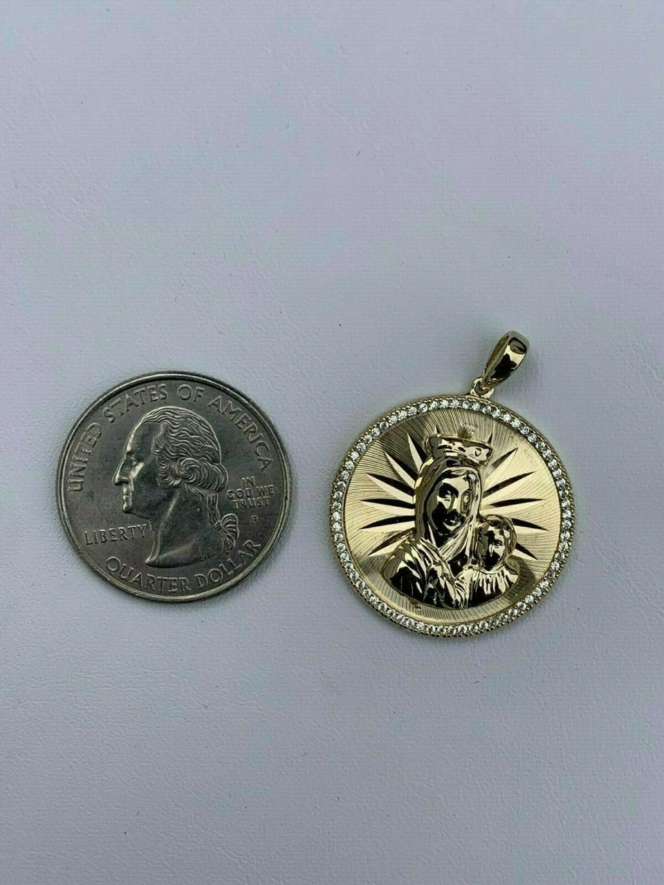 14k Yellow Gold Over 925 Silver Virgin Mary Baby Jesus Coin Medallion Pendant 7 14k Yellow Gold Over 925 Silver Virgin Mary Baby Jesus Coin Medallion Pendant - Image 5