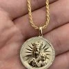 14k Yellow Gold Over 925 Silver Virgin Mary Baby Jesus Coin Medallion Pendant