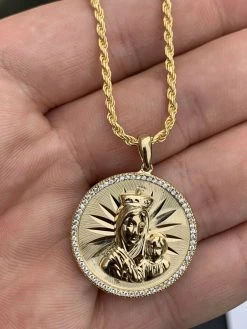 14k Yellow Gold Over 925 Silver Virgin Mary Baby Jesus Coin Medallion Pendant