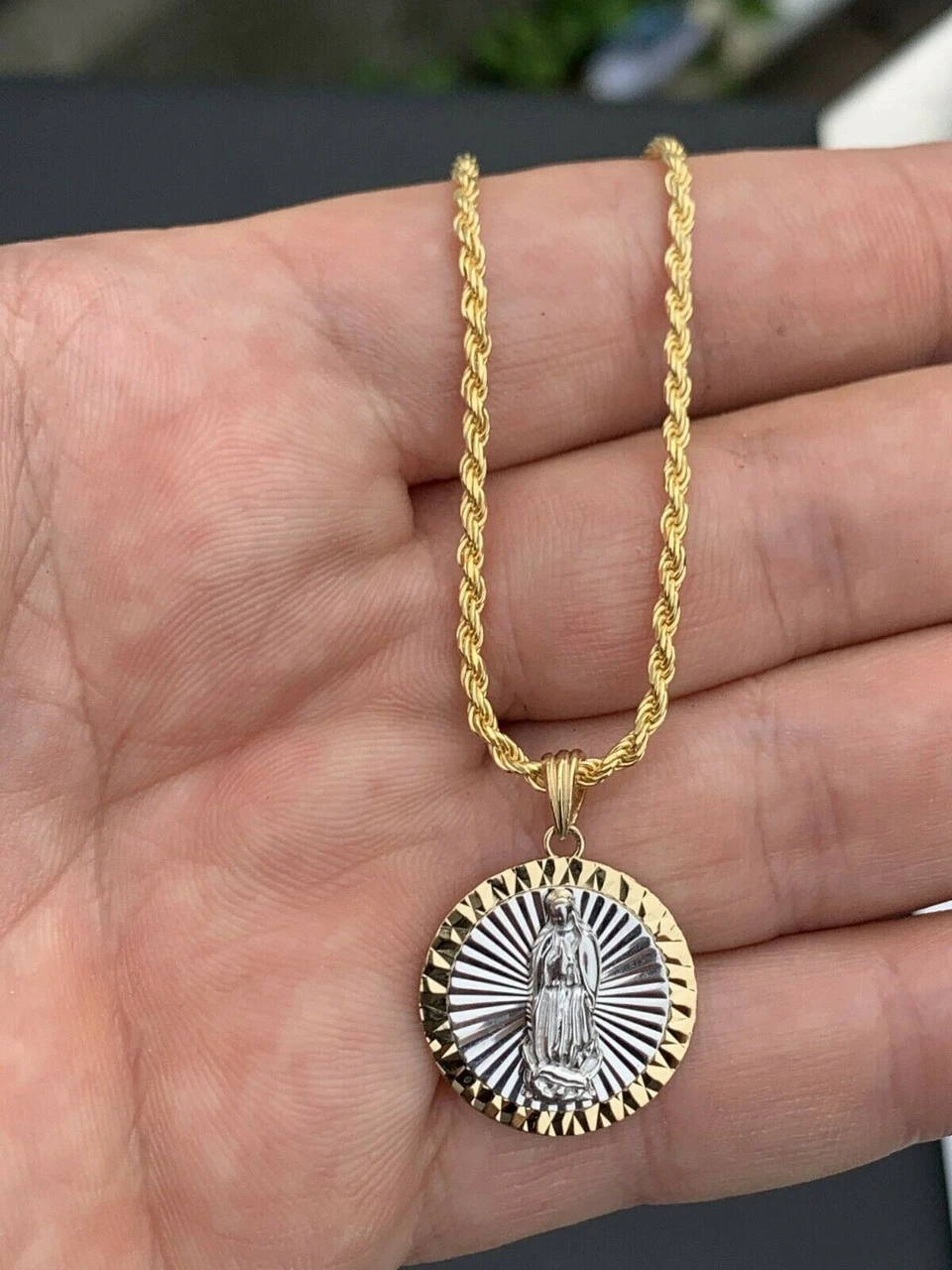 14k Yellow Gold Over 925 Sterling Silver Virgin Mary Guadalupe Medallion Pendant 4 14k Yellow Gold Over 925 Sterling Silver Virgin Mary Guadalupe Medallion Pendant - Image 2