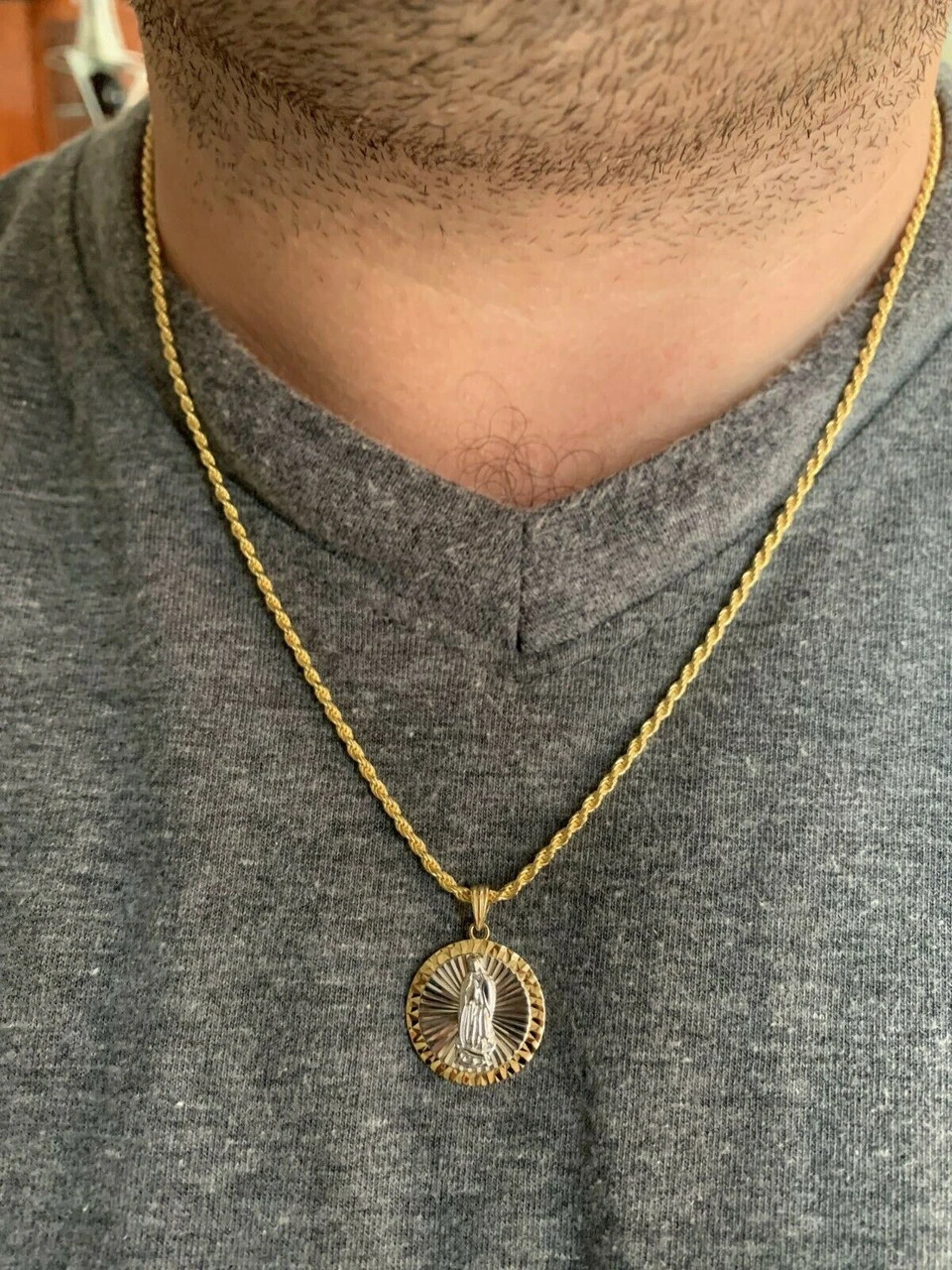 14k Yellow Gold Over 925 Sterling Silver Virgin Mary Guadalupe Medallion Pendant 5 14k Yellow Gold Over 925 Sterling Silver Virgin Mary Guadalupe Medallion Pendant - Image 3