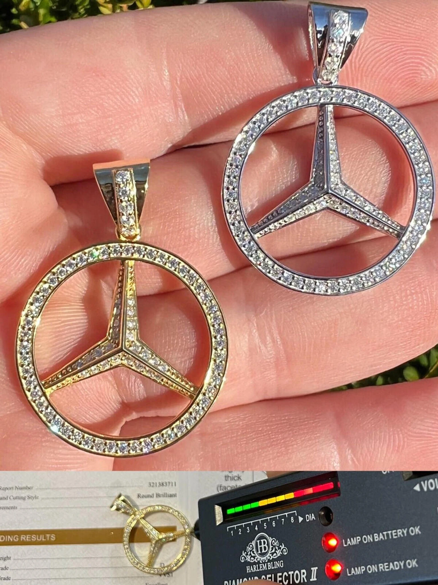 1ct MOISSANITE 925 Silver/Gold Plated Iced Mercedes Benz Logo Pendant Necklace 3 1ct MOISSANITE 925 Silver/Gold Plated Iced Mercedes Benz Logo Pendant Necklace