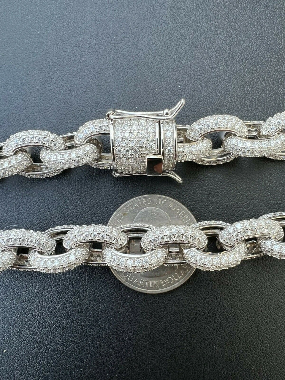 40-67ct VVS MOISSANITE Iced Silver Rolo Link Chain 12mm Thick Pass Diamond Test 13 40-67ct VVS MOISSANITE Iced Silver Rolo Link Chain 12mm Thick Pass Diamond Test - Image 11